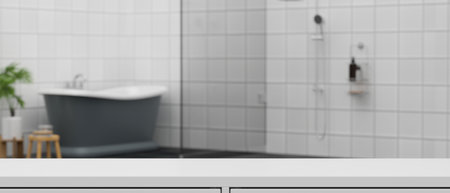 Mockup space on white bathroom counter top for montage your product over modern bathroom with bathtub and shower zone. 3d rendering, 3d illustrationの写真素材