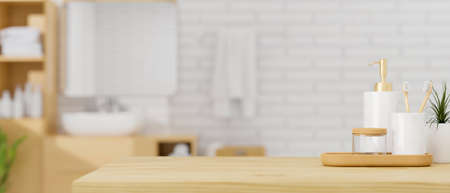Wooden countertop for montage and display your product with set of ceramic bath containers in wood tray over modern and minimalist bathroom interior. 3d rendering, 3d illustrationの写真素材