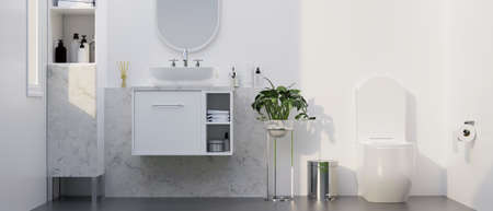 Modern stylish marble bathroom with toilet bowl, vessel sink on white cabinet, round mirror, marble bathroom shelves over white marble wall. 3d rendering, 3d illustrationの写真素材