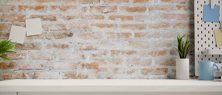 Closeup, Mock up space for montage your product display on white tabletop with modern decorations...