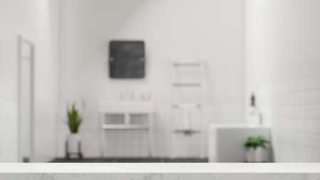 Marble stone tabletop or countertop for product display montage with blurred modern white square bathroom interior in background. 3d rendering, 3d illustrationの写真素材