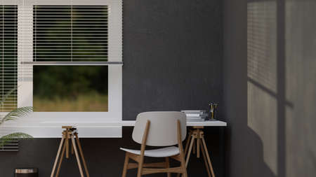 Modern apartment workspace with a minimalist desk near the window against a grey background. 3D illustration, 3D renderingの写真素材
