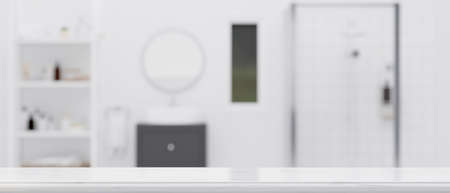 Empty tabletop for montage product display with blurred modern apartment bathroom in background. 3d rendering, 3d illustrationの写真素材