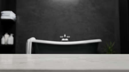 Table top for montage display your bath product against blurred modern black bathroom interior with luxury bathtub. 3d rendering, 3d illustrationの写真素材