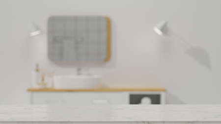 White marble tabletop with empty space for montage display product over blurred clean minimalist...
