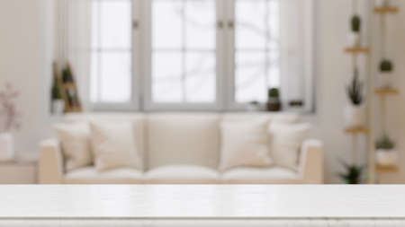 Empty tabletop for montage your product display over blurred modern comfortable white living room...