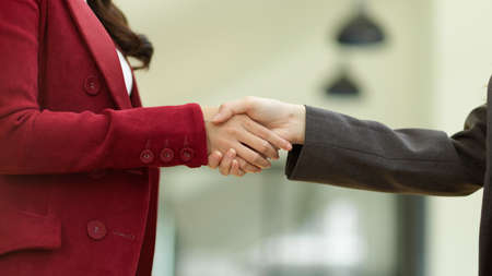 Female business partners shaking hands, close the deal, business negotiations, congratulations, greeting new worker, collaboration concept. blurred office backgroundの写真素材