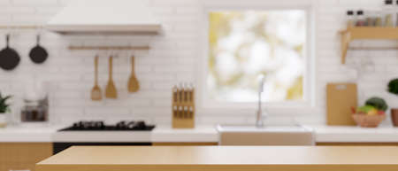 Modern wooden counter top for montage with set of seasoning shakers over blurred modern kitchen background. 3d rendering, 3d illustrationの写真素材