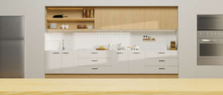 Empty wooden tabletop for montage over spacious modern contemporary kitchen room with luxury kitchen appliance. 3d rendering, 3d illustrationの写真素材
