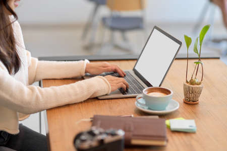 Cropped image of female business employee working in modern office, managing her project on laptop computer. laptop screen mockup.の写真素材
