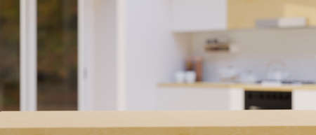 Copy space on wooden tabletop for montage product display over blurred modern apartment kitchen space in the background. 3d rendering, 3d illustrationの写真素材
