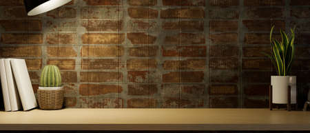 Close-up, Vintage living room workspace background. wooden desk with decor and empty space for...