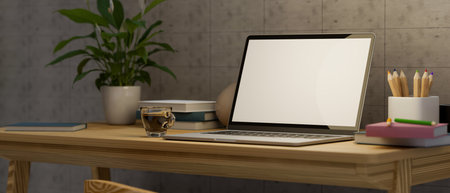 Modern simple home workspace with laptop blank screen mockup, stationery, coffee cup and decor on wooden desk. 3d rendering, 3d illustrationの写真素材