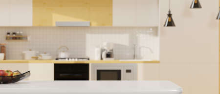 Close-up white countertop for product display montage over blurred modern bright home kitchen interior in background. 3d rendering, 3d illustrationの写真素材