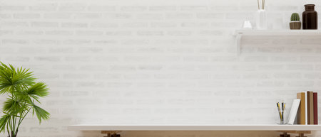 Copy space for montage product display on modern working table over white brick wall. 3d rendering, 3d illustration.の写真素材