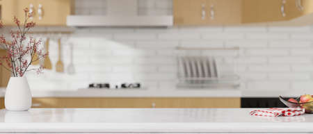 Close-up Kitchen island countertop for product display on blurred modern white and wooden kitchen interior. 3d rendering, 3d illustrationの写真素材