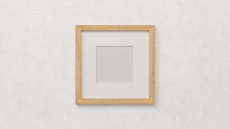 Minimalist wooden square poster frame picture mockup on white wall. 3d rendering, 3d illustrationの写真素材