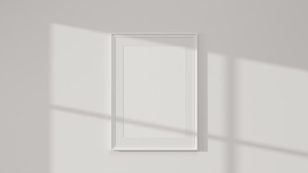 Simple white picture photo poster frame mockup on white wall and daylight through the window. 3d rendering, 3d illustrationの写真素材