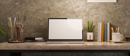 Close-up Modern laptop computer blank screen mockup on vintage marble table with colouring tools and decor. 3d rendering, 3d illustrationの写真素材