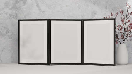 Mockup poster frame on white desk with flower vase over cement loft wall background. 3d rendering, 3d illustrationの写真素材