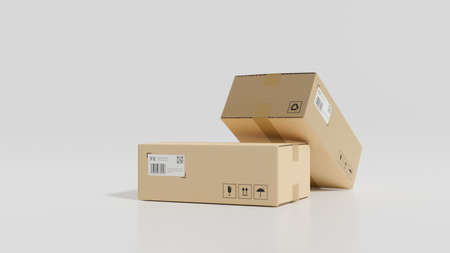 Parcel boxes, card boxes for online shopping and delivery concept. 3d rendering, 3d illustrationの写真素材
