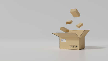 Different size of cardboard boxes and  opened parcel box on white background and copy space. parcel...