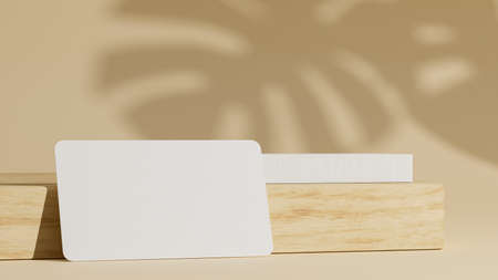 Membership card, gift voucher card, business name card lean on wooden podium with leaf shadows on natural beige background. 3d rendering, 3d illustrationの写真素材