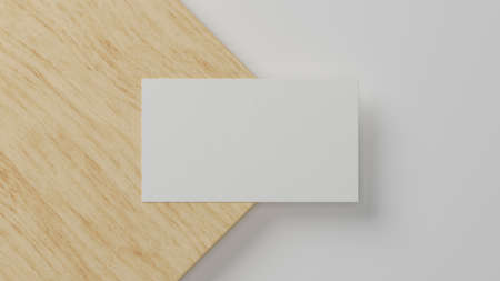 Mockup name card, blank business card over minimal wood and white material background. 3d rendering, 3d illustrationの写真素材