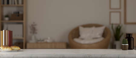 Copy space for montage product display on marble tabletop with blurred Scandinavian living room in the background. 3d rendering, 3d illustrationの写真素材