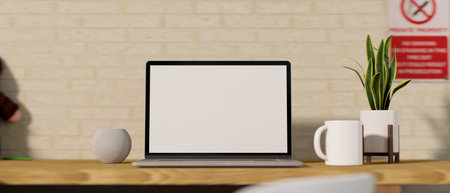 Modern simple workspace with laptop blank screen mockup, coffee mug, speaker and plant in pot on wooden table. 3d rendering, 3d illustrationの写真素材