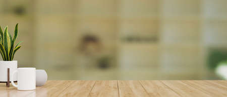 Close-up. Wooden tabletop with decorations and copy space for montage product display over blurred office background. 3d rendering, 3d illustrationの写真素材
