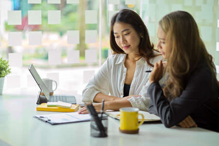 Two professional female business workers are brainstorming and discussing a new business model and marketing strategy.の写真素材