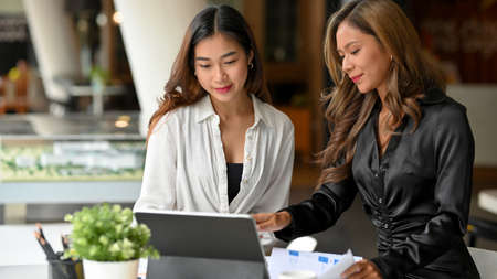Two successful and elegant businesswomen are brainstorming and developing new strategies for increasing business profits.の写真素材