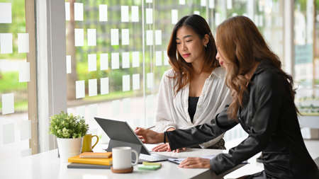 Elegant executive businesswoman explain and share her idea to improve the project with her colleagueの写真素材