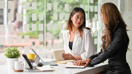 Two confident accountants are having a small meeting to prepare some information for business budget planning.の写真素材