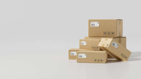 Cardboard boxes with fragile tags in white background with copy space for your text or product display. 3d rendering, 3d illustrationの写真素材