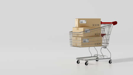 Cardboard parcel boxes in shopping cart with copy space for your brands on white background. shopping and delivery concept. 3d rendering, 3d illustrationの写真素材