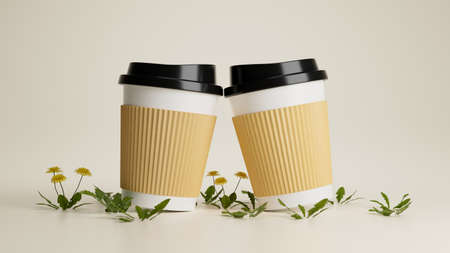 Take away coffee cups mockup with flowers on minimal background. to go coffee cups with caps. 3d...