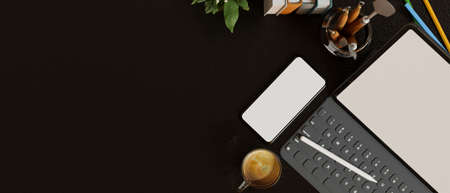 Top view, above, Workspace with copy space on black background, digital tablet and mobile phone blank screen mockup and stationery. 3d rendering, 3d illustrationの写真素材
