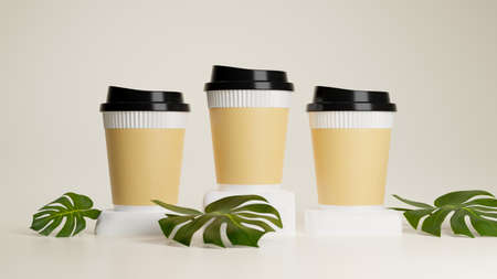 Plastic coffee cups with caps and cardboard paper cup sleeve mockup on podium, decorated with green leaf. togo coffee cups mockup, take away coffee cups. 3d rendering, 3d illustrationの写真素材
