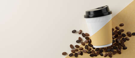 Take away coffee cup mockup with coffee beans and copy space for montage your text or your brands on background. 3d rendering, 3d illustrationの写真素材