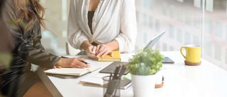 Cropped image, Two professional business women discussing and consulting in the meeting at board room.の写真素材