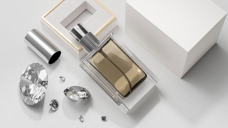 Close-up, Top view of luxury perfume bottle image, fragrance, cosmetic, feminine. 3d rendering, 3d illustrationの写真素材