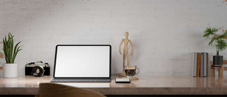 Modern design workplace with digital tablet blank screen mockup and accessories on table. 3d rendering, 3d illustrationの写真素材