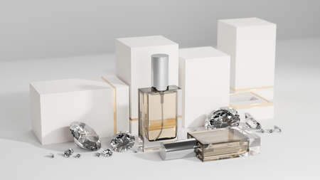 Luxury feminine perfume bottle with white podium and diamonds on white background. niche perfume, aromatic scent. 3d rendering, 3d illustrationの写真素材