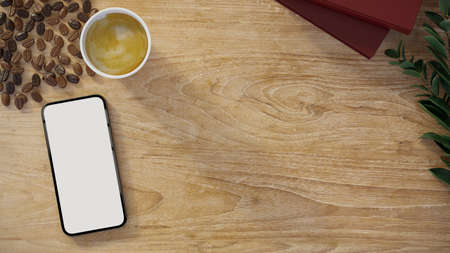 Flat layout, Top view, smartphone white screen mockup with copy space for product display on wooden table. 3d rendering, 3d illustrationの写真素材