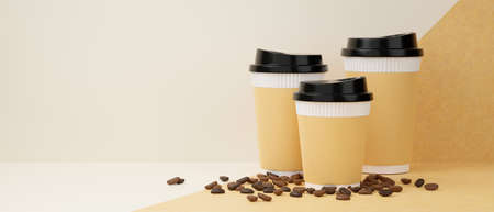 Takeaway hot coffee cups mockup with empty space on white and brown background. 3d rendering, 3d illustrationの写真素材
