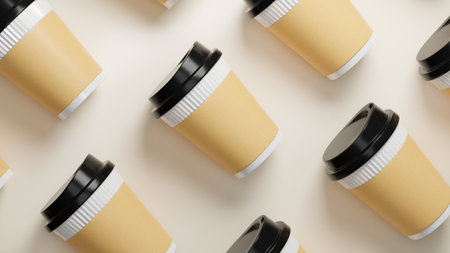 Multiple disposable hot coffee cups organised over natural beige background. drinks container. 3d rendering, 3d illustrationの写真素材