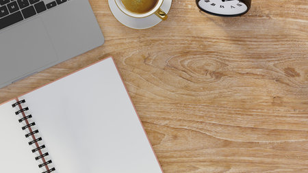 Top view, Flat lay, Modern working desk with blank notebook mockup, laptop and copy space for...