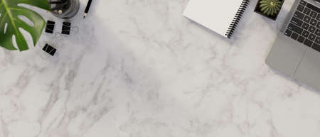 Marble background with laptop, notepad, stationery, plant and copy space for product display. Top view, above, flat lay. 3d rendering, 3d illustrationの写真素材